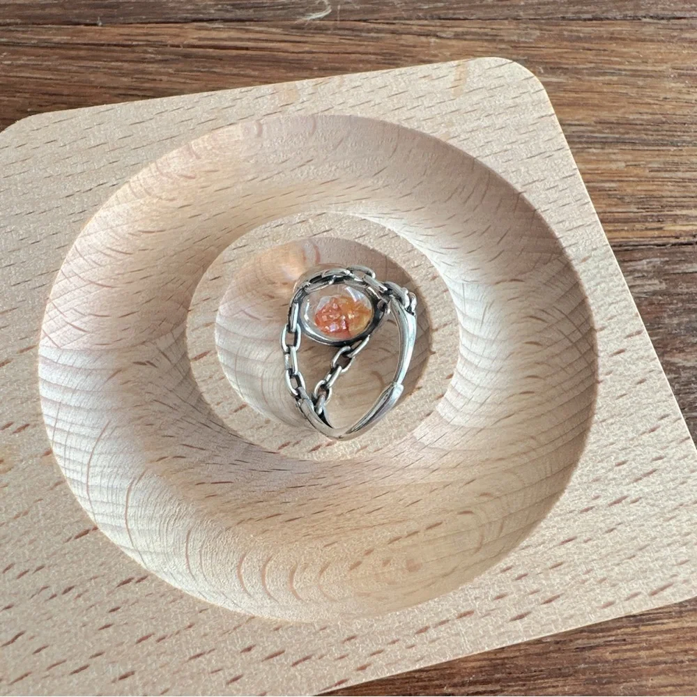 Handmade Natural Crystal Ring 925 Silver Chain Band Orange Inclusion Quartz